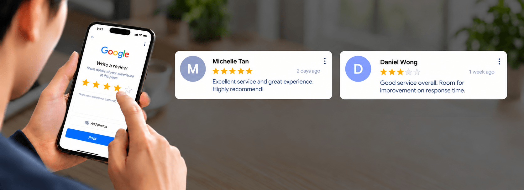 A customer holding a phone open to a Google review screen, with two review cards floating beside it